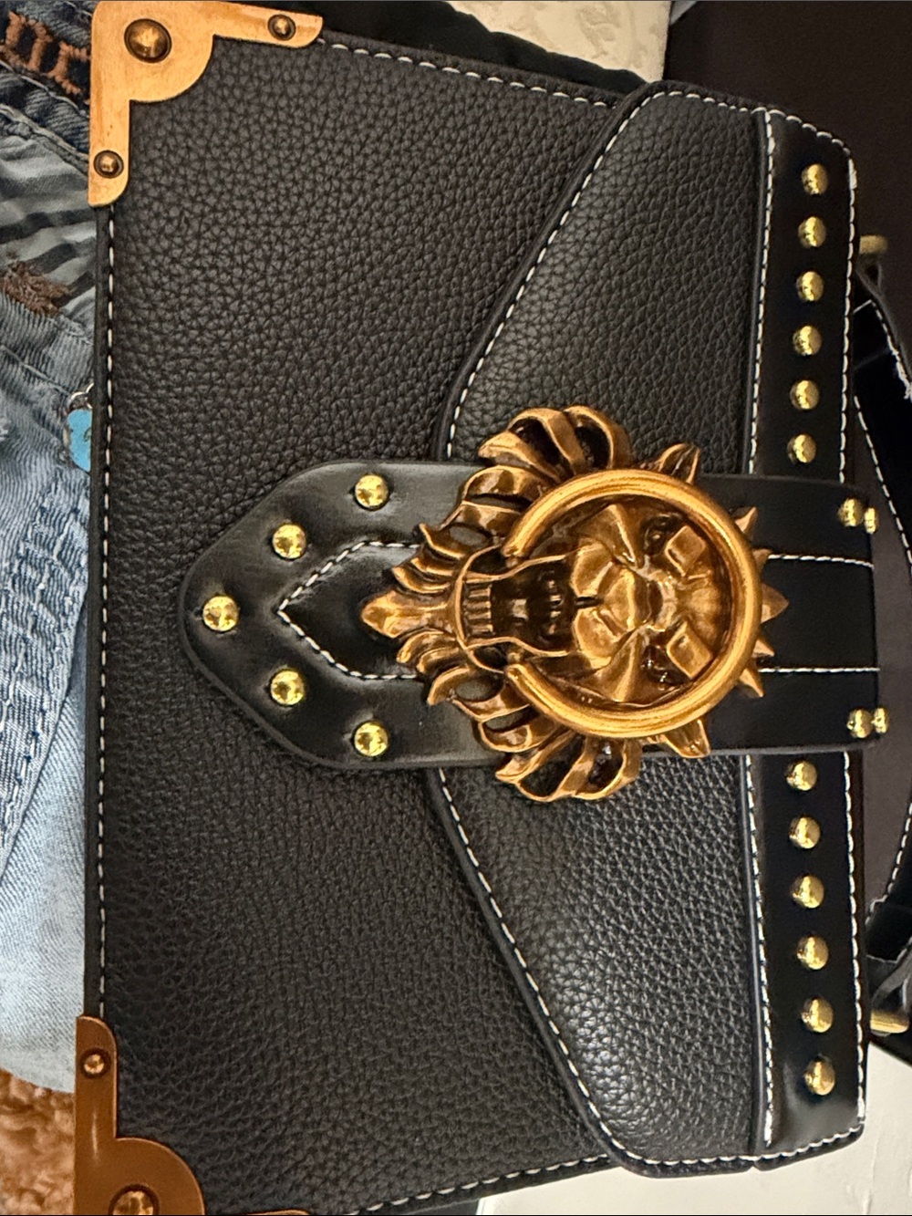 Black Women's Bag with Gold Lion Ring Accent